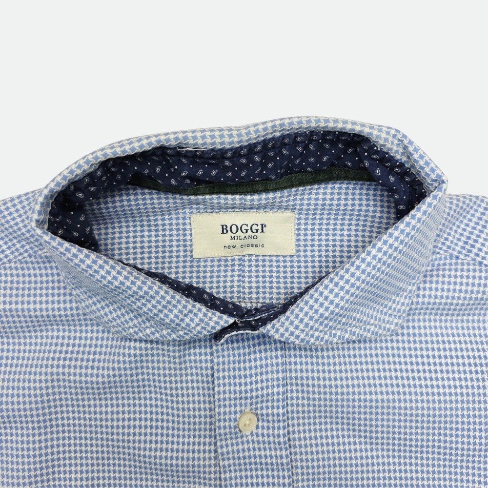 Boggi Milano New Classic Mens Blue Houndstooth Button Down Shirt Spread Collar - Picture 3 of 9
